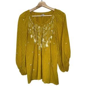 Ranna Gill x Anthropologie Mustard Embellished Long Sleeve Blouse Size Large